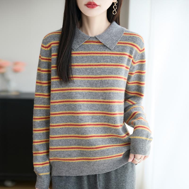 Women's Striped Knit Polo Sweater - 100% Pure Wool, Autumn/Winter Fashion, Loose Lapel Design