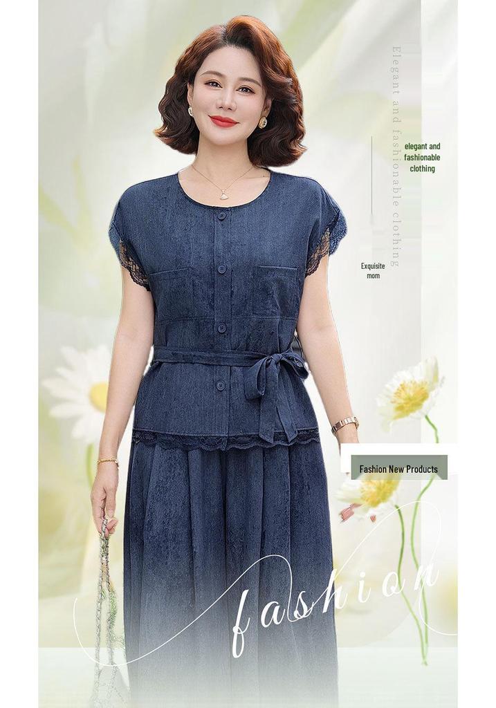 Mom's Youthful Summer Two-Piece Suit: Elegant, Slimming Fashion for Middle-Aged & Elderly