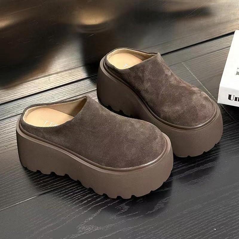 Frosted Muffin Thick-bottomed Bag Head Half Slippers Women Wear Retro Autumn and Winter Velvet Small Height-increasing Cotton Slippers