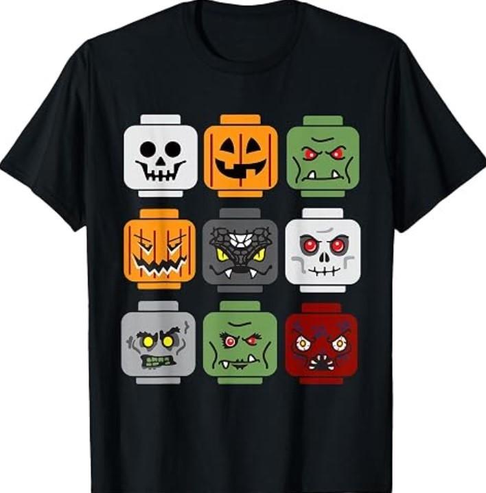 Halloween Building Brick Head Pumpkin Ghost Zombie Friends T-Shirt