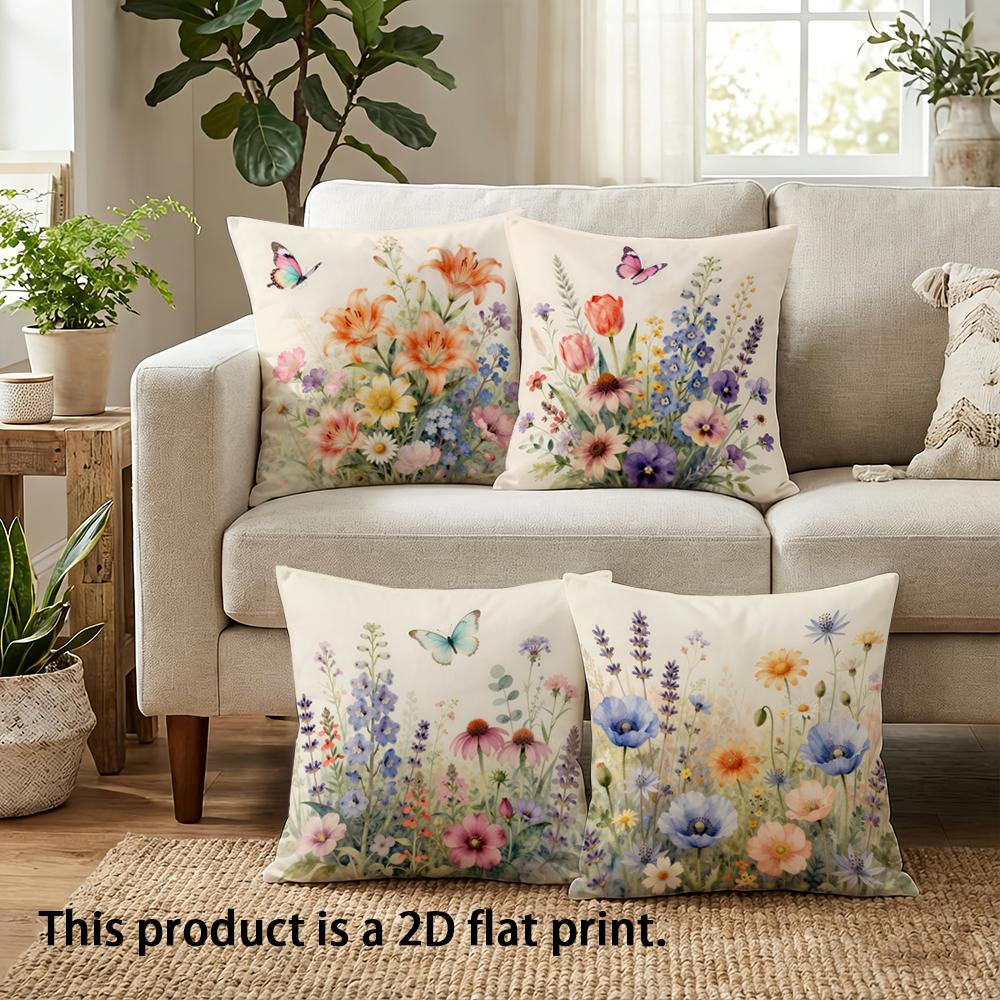 1/4Pcs Floral Printed Pillowcases With Butterfly Motifs Sofa Cushion Cover Home Bedroom Room Decoration