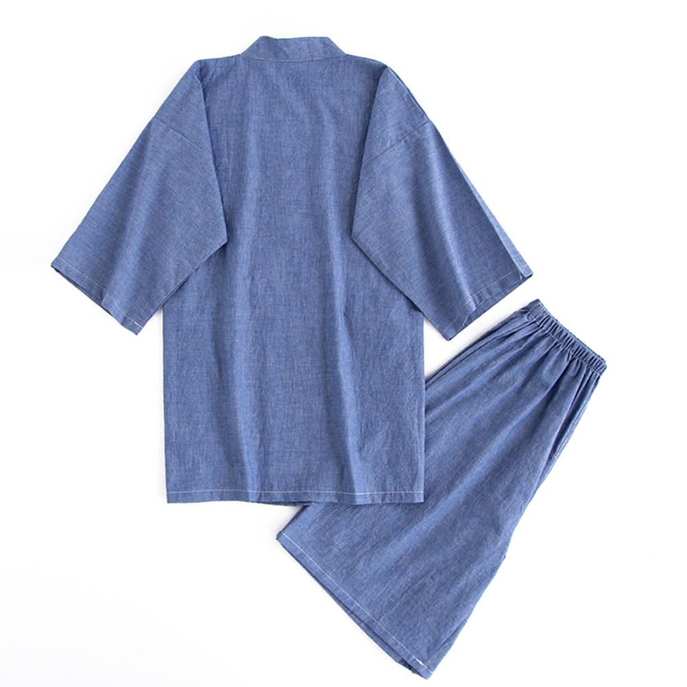 Herren Samue Kimono mit Dreiviertelärmeln, Baumwolle und Leinen, Japanisches Pyjama-Set mit Taschen, Perfekt für die Arbeit oder als Loungewear, Sommer Kimono (blau