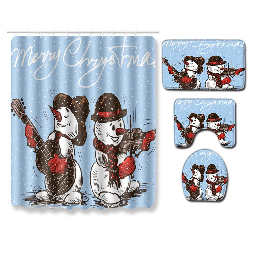 3D Digital Printing Christmas Waterproof Shower Curtain Four-Piece Bathroom Non-Slip Door Mat Toilet Absorbent Floor Mat Carpet