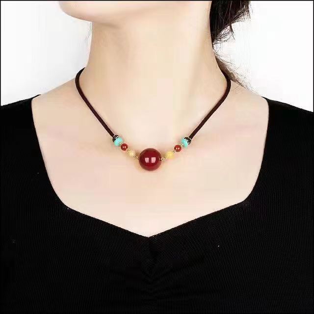 Imitation Natural Purple Gold Sand Cinnabar Beaded Pendant Necklace Women'S Handwoven Guochao Couple Collarbone Chain Gift