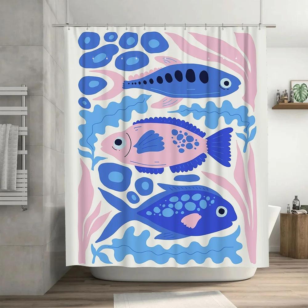 Blue Fish Blue Pink Bath Shower Curtain Waterproof Fabric Decorative Home Bathroom Tiling Decorations Private