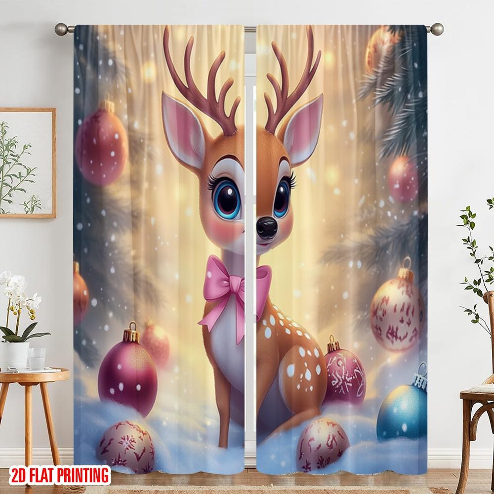 2pcs,2D Plane Printing Curtain Popular Cute Reindeer Christmas Ornaments 100% Polyester (without Rod) Art Deco Festive Perfect