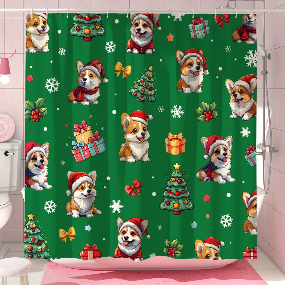 Funny Christmas Puppy Shower Curtain Christmas Tree Gift Bow Snowflake Polyester Fabric Shower Curtain Bathroom Decor With Hooks