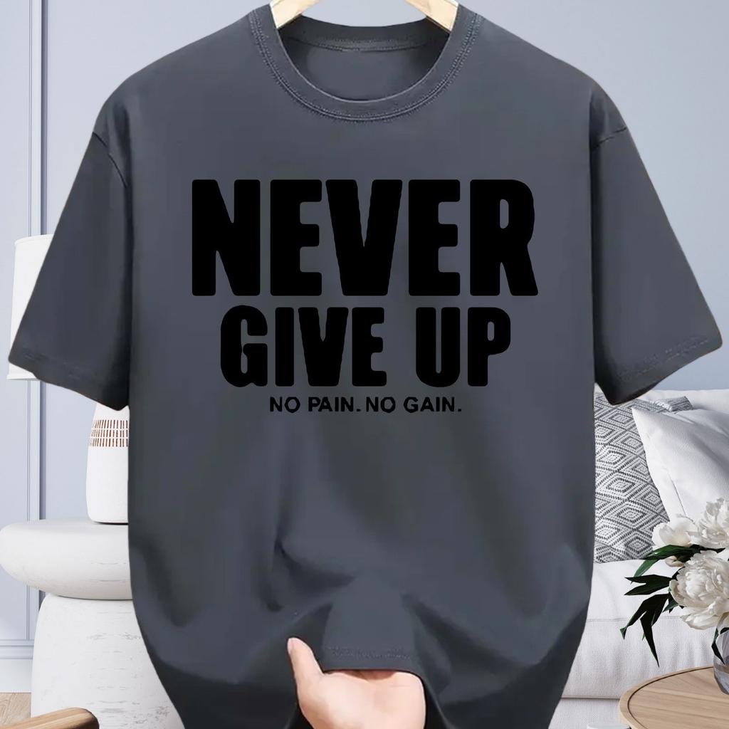 Mens Clothing for Spring and Summer Soft Cotton Never Give Up Printing Daily Fashion Wear Short Sleeved Round Neck Tshirt