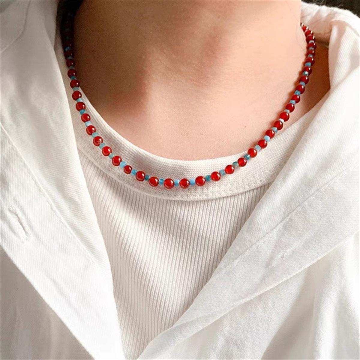 

Tooxika Bohemian Style Red Agate Natural Stone Beaded Necklace Simple Light Luxury Collarbone Chain