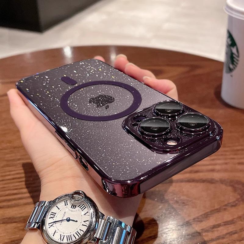 

Electroplating Starry Sky Flash Powder Suitable for IPhone15promax Mobile Phone Case Transparent Apple 16 Magnetic Suction Full Coverage Anti Fall iPhone12pro