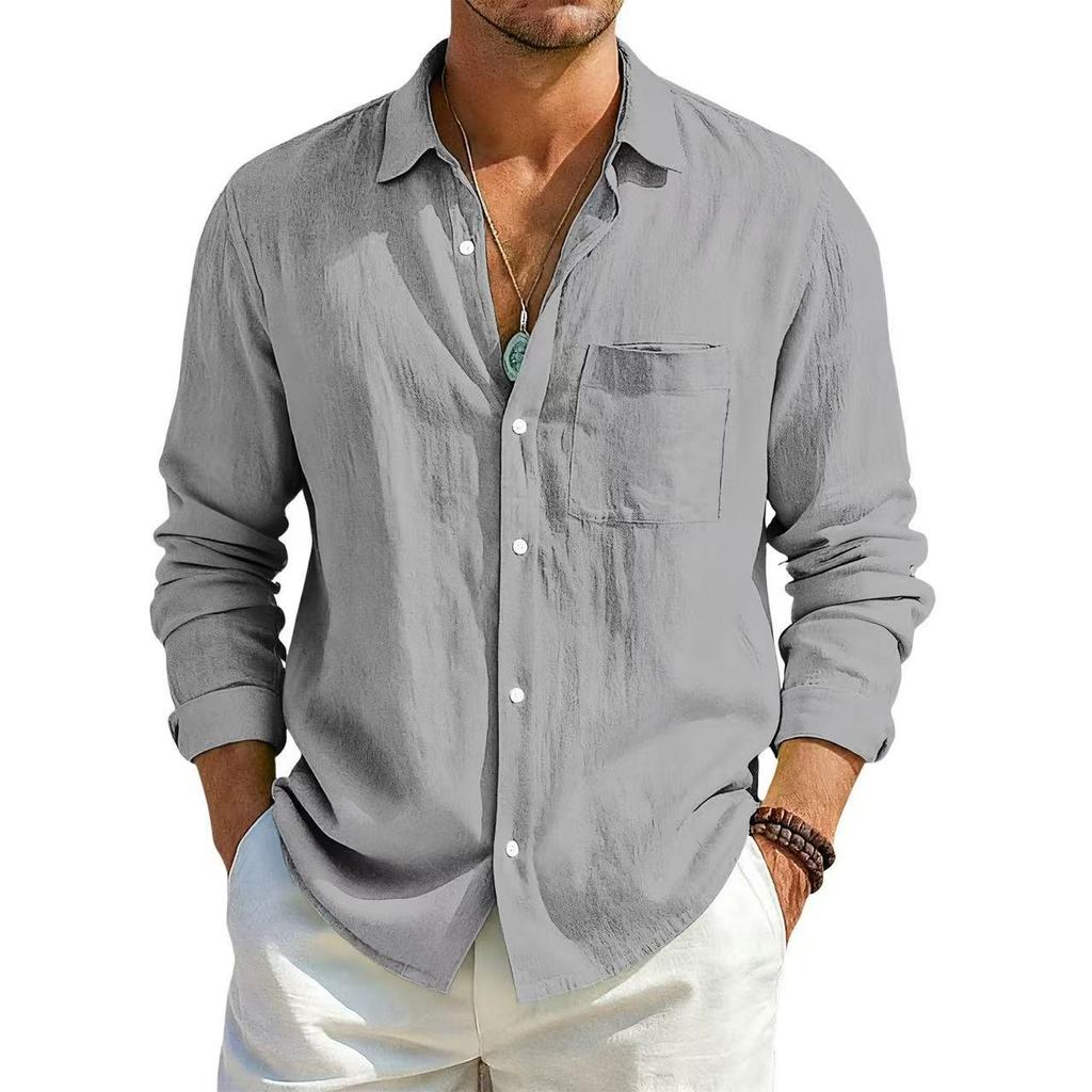 Camicia Estiva da Uomo a Maniche Lunghe Tinta Unita Larga in Cotone e Lino con Tasche Estiva Traspirante Moda Casual Camicie per Uomo