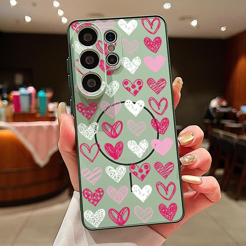Magnetic For Magsafe Case For Samsung Galaxy S26 Ultra S25 Edge S24 Plus S23 FE S22 A17 A54 A55 A56 A57 5G Lovely Hearts Pattern Cover