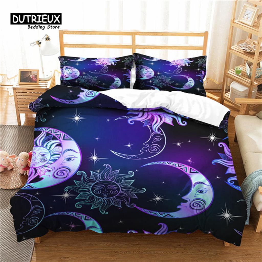 Sun And Moon Duvet Cover Exotic Galaxy Stars Bedding Set Microfiber Astrology Comforter Cover Queen For Kids Boys Teens Bedroom