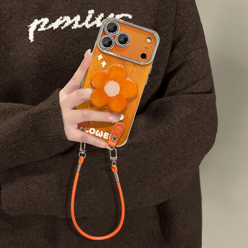Orange flower bracket for Apple 17 mobile phone case iphone15promax with lanyard 16 glacier pattern 13 women