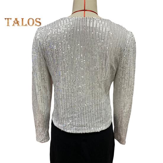Frühling Herbst Dame Mantel Pailletten Schneiden Lange Ärmeln Offenen Stich Strickjacke Club Party Leistung Kurze Art Jacke