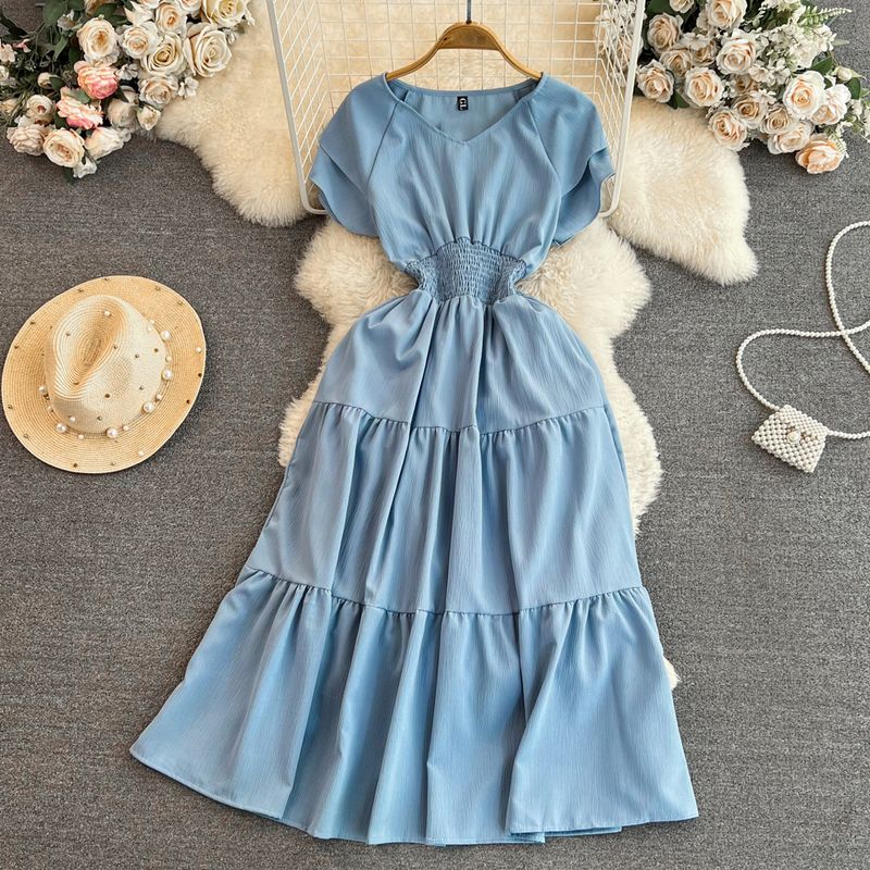 

Ruched French Female Summer Minimalist Pure Color Flounced Sleeve Dress Sky Blue All yards