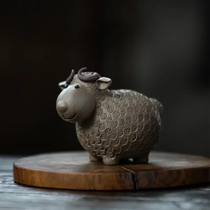 Chinese Yixing Purple Clay Tea Pet Lucky Sheep Statue Tea Figurine Ornaments Handmade Sculpture Crafts Home Tea Set Decoration