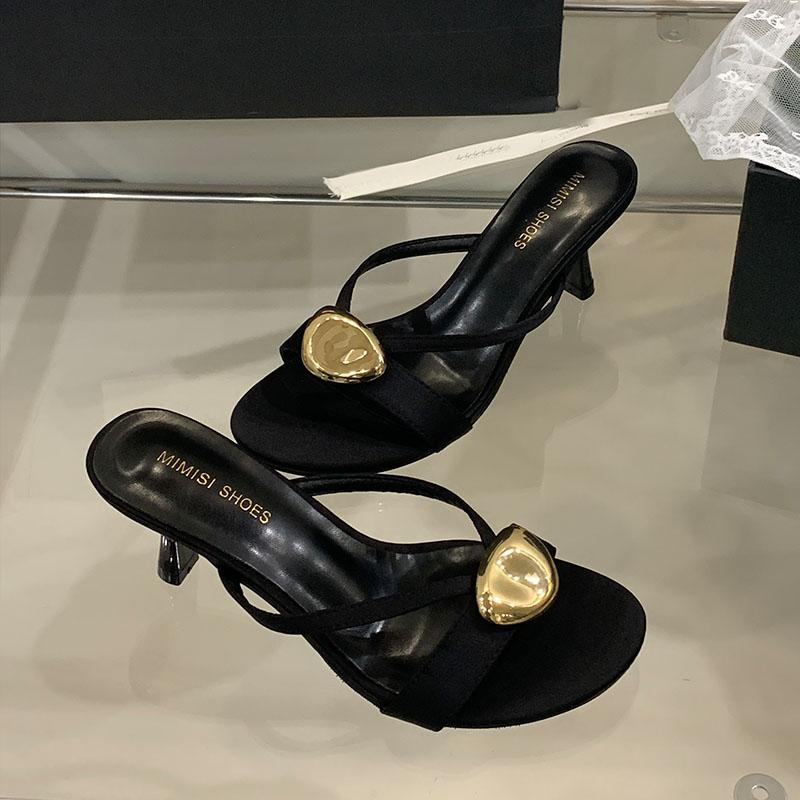 Fashion Fashion Metal Women High Heels Pumps Slides Shoes New In Spring Summer Female Slip On Footwear Round Toe Ladies Thin Heels Shoes