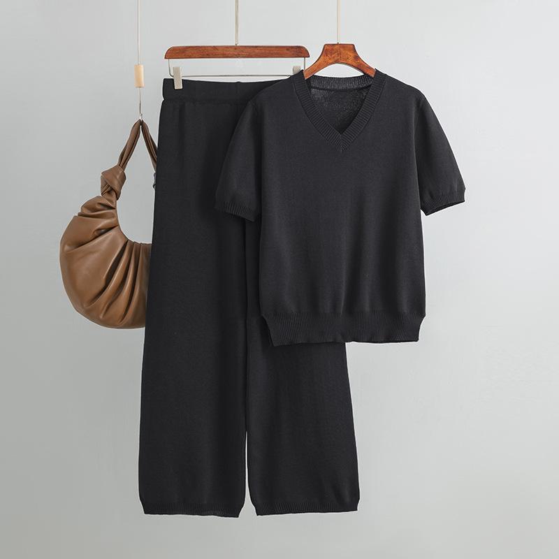Fashion suit women's collar loose split knitted sweater top two-piece set high waist waist drape straight casual trousers
