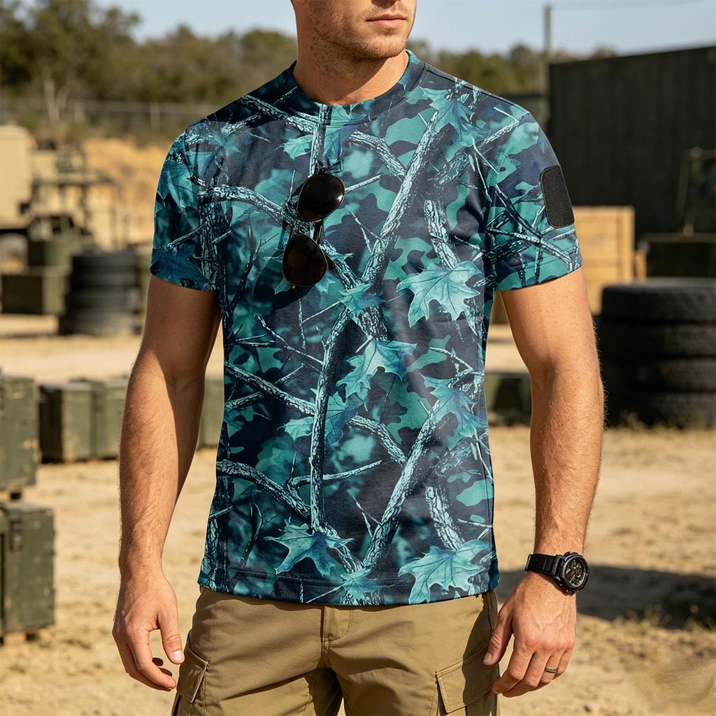 Men's Tactical Short Sleeve T Shirt Loose Fit Breathable Quick Dry Outdoor Sports Tee with Hook and Loop Patch Area