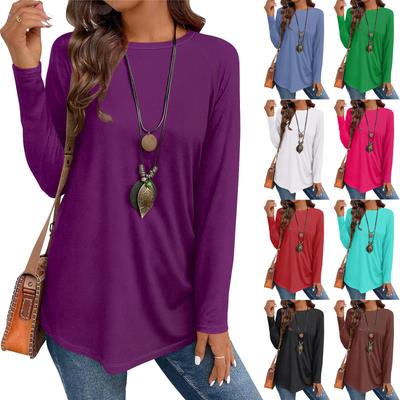 Women's Casual Plus SizeLong Sleeved Round Neck Solid Color T-shirt Top Pullover