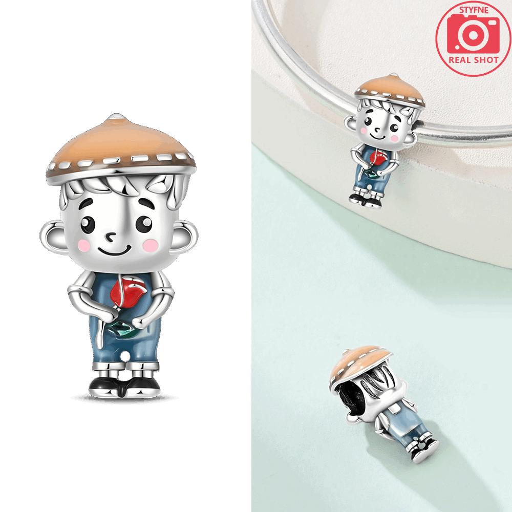 Pendants Woman New Original Copper Beads Girl Boy Holding Roses Bear Lovely Child Fit Bracelet Accessory Gift Set Jewelry