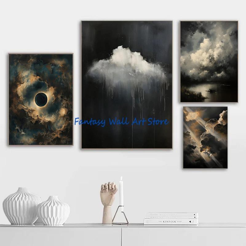 Sky Clouds Cumulus Clouds Dark Night Sky Moon Solar Eclipse Fantasy Moody Art Poster Canvas Painting Wall Pictures Home Decor