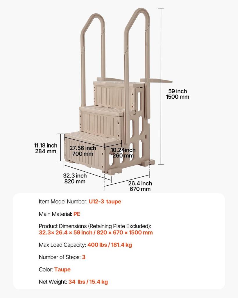 3-Step Taupe Pool Ladder of 2 Handrails Supports 400 Lb for 36-48 In Pools