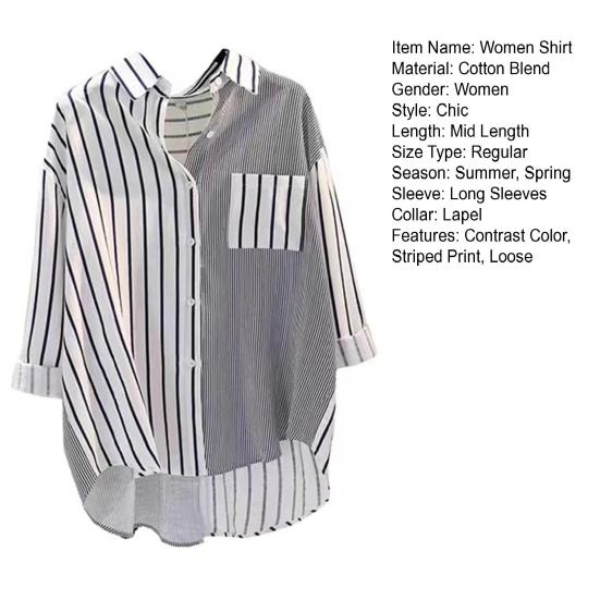 Damska koszula w paski, krótki przód i długi tył, klapy, długi rękaw, jednorzędowa, dopasowanie kolorystyczne, luźna, codzienna, do pracy, bluzka