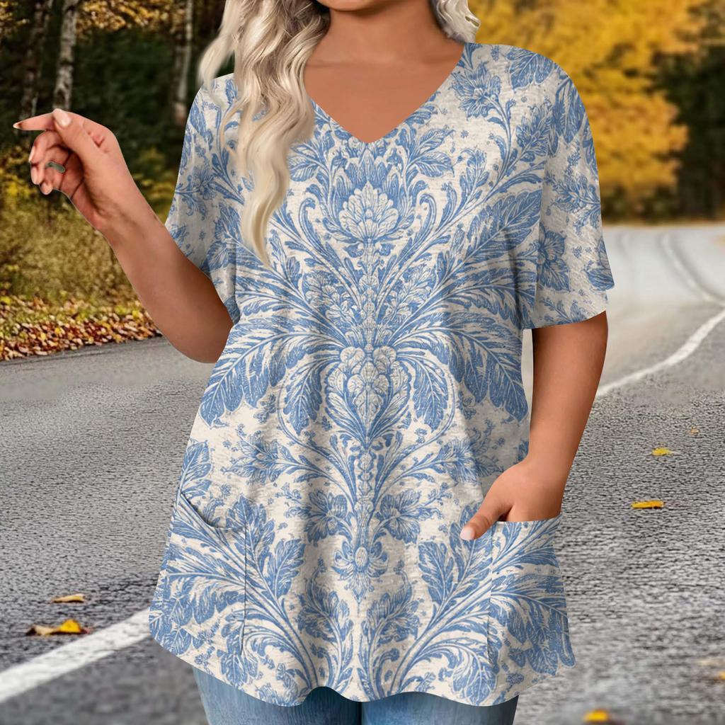 Women's Fashion Plus Size Printed Short Sleeve Blouse For Elegant Commuting And Casual Wear
