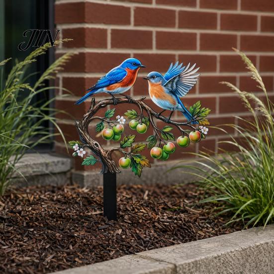 Vibrant Bird Ornament for Lawn Ground Stake, And Fruit Tree Shape, Waterproof Coating Thickened Realistic Painted Yard Decor Iron Outdoor Flower