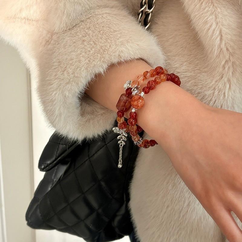 Handmade Red Agate Flower Quartz Double Wrap Bracelet Women Vintage Chinese Style Fashion Jewelry