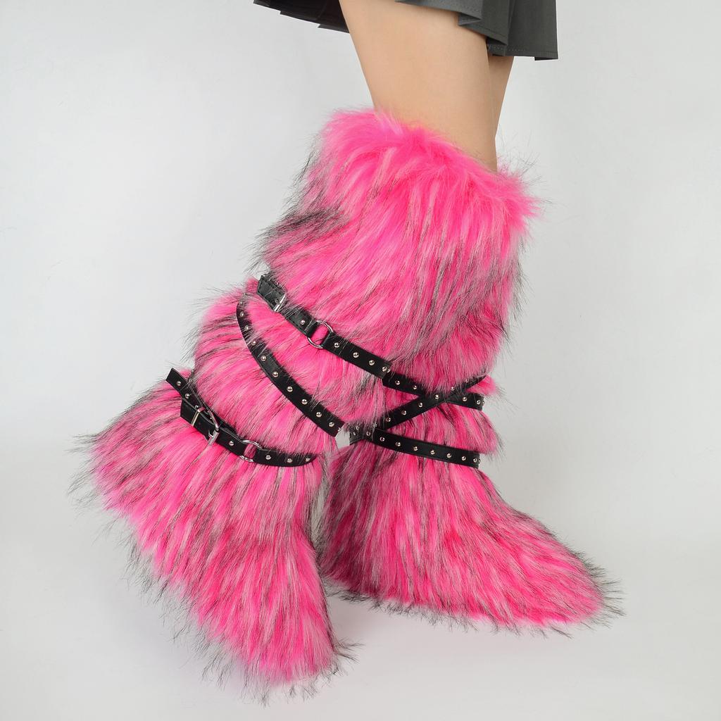 Women's Faux Fur Snow Boot Winter Warm Fluffy Long Furry Long Boots for Women Outdoor Fuzzy Knee-High Boots Plush Warm Snow Shoes for Outdoor Indoor