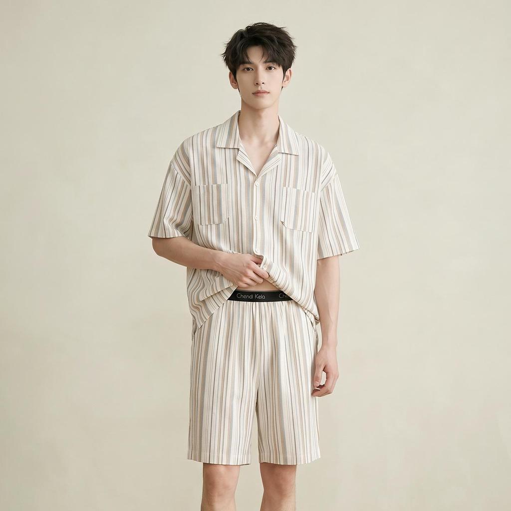 2026 Men's High-End Striped Pajama Set - Short Sleeve Lapel Style