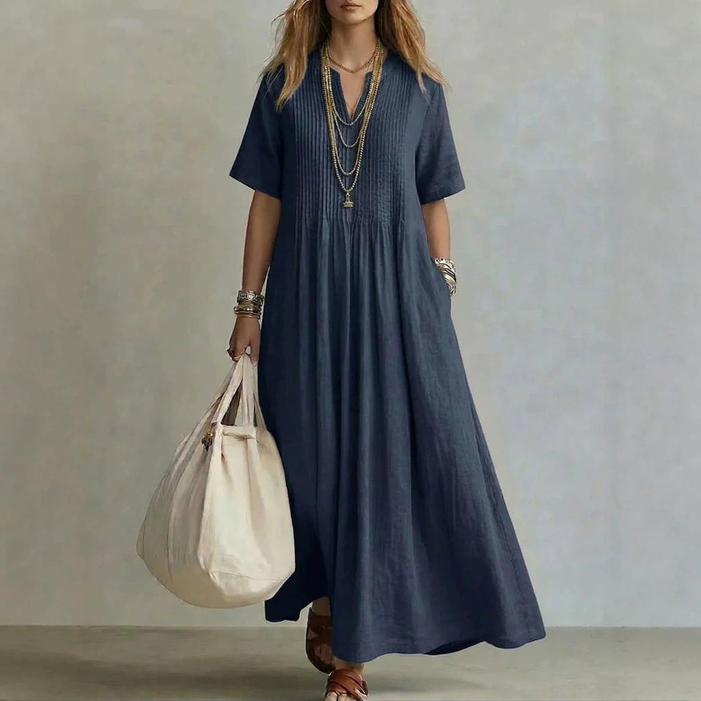 Women Pleated V Neck Maxi Dress Short Sleeve Solid Color Casual Loose Fit Boho Dress