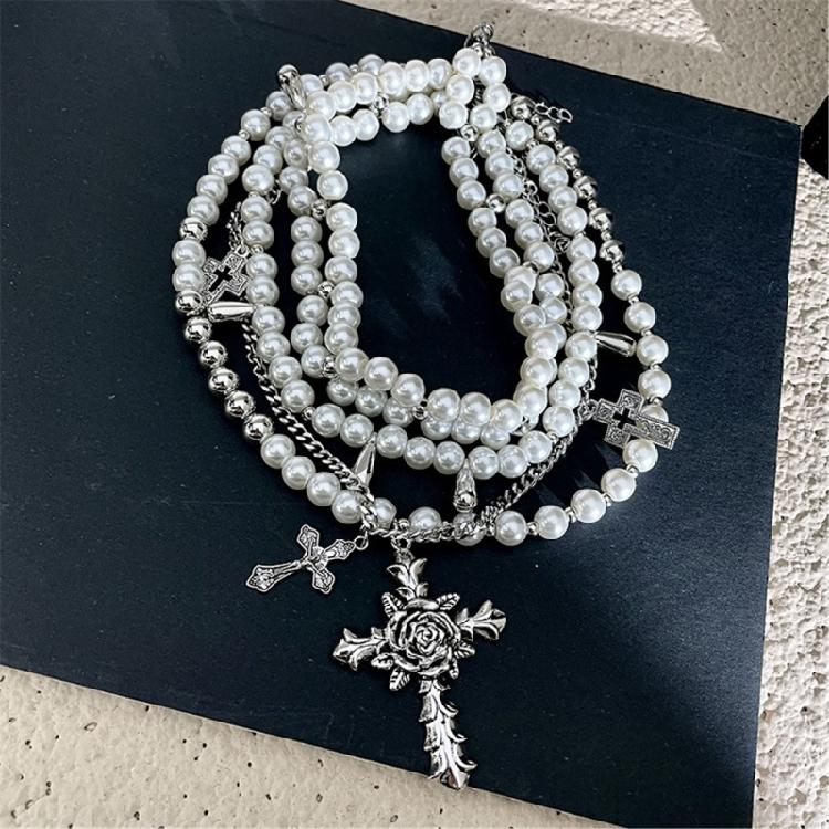 Fashionable Diamonds Sturdy Alloy Crosses Choker Necklace Pendant with Elegant Pearls Jewelry Accessory for Girls
