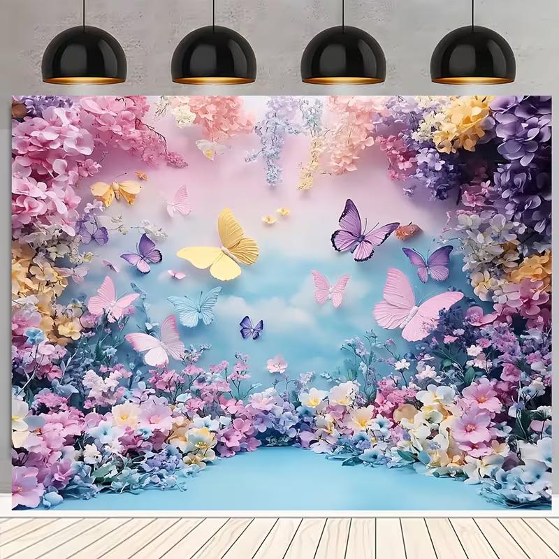 2D Pink Purple Flower Garden with Blue Sky Backdrop Photography Background Banner