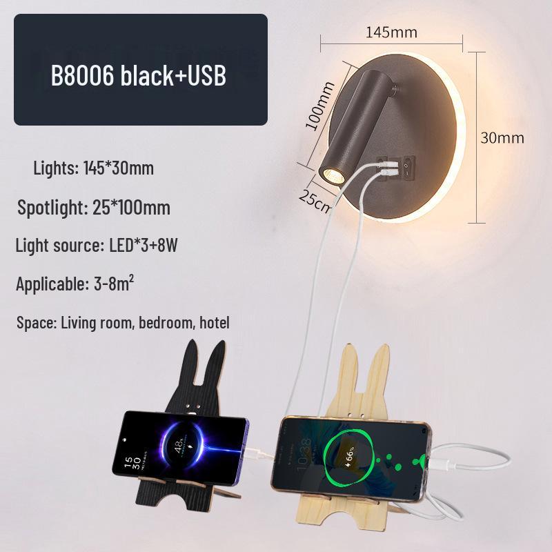 Modern Minimalist Indoor LED Wall Lamp with USB Reading Light for Bedroom or Living Room.
