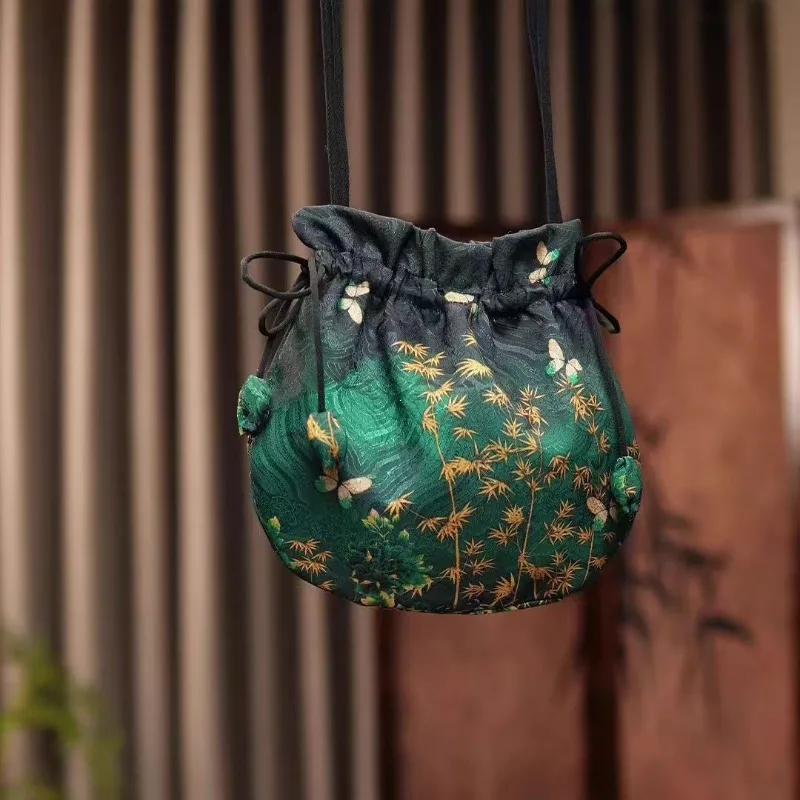 Hanfu Doplňky Retro Výšivka Hedvábná Stahovací Kabelky Dámská Peněženka Peněženky Šperky Balení Úložný Kbelík Taška