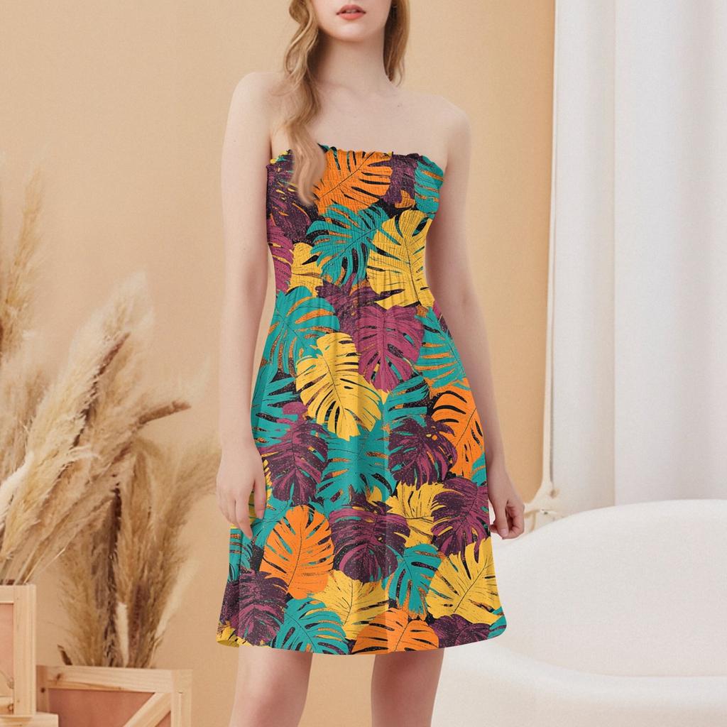 Damenmode Lässiges Bandeau-Druck Ärmelloses Kleid