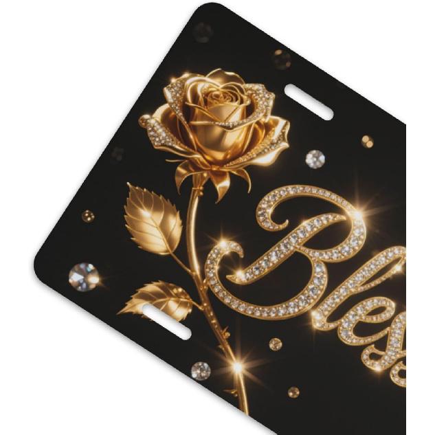 Gold Rose Blessed Front License Plate for Women Car Vanity Plates Decorative Aluminum Metal Cute Novelty License Plate Cover for Men 6x12 Inch (4