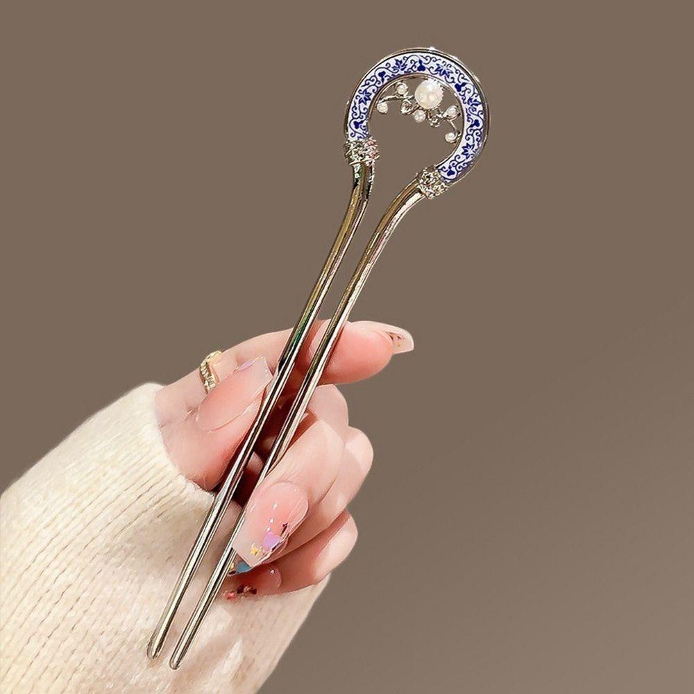 Cute Pearl Metal U Shape Hair Stick U-shaped Hollow Hanfu Hairpin Hair Accessories Hair Chopstick For Girl