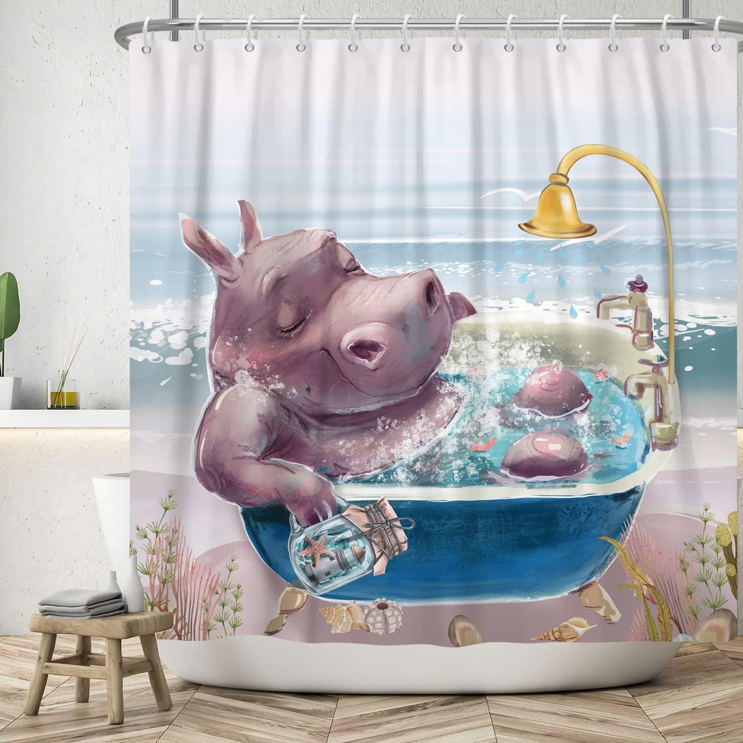 Dunika Chen Charming Hippo Fun Shower Curtain Cartoon Animal Coast Landscape Bathroom Decorative Shower Curtain With Hook 180X180cm