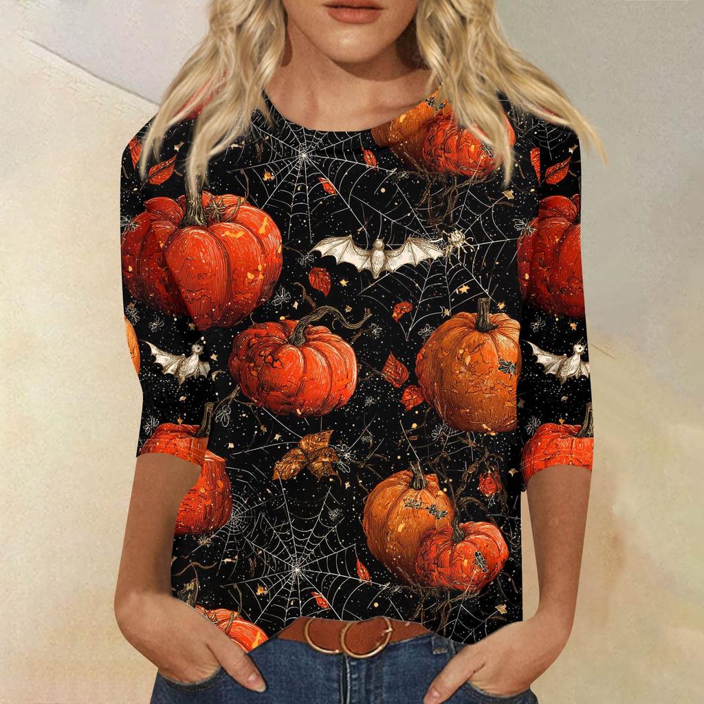 Women's Fashionable Casual Three-Quarter Sleeve Halloween Print Round Neck Top