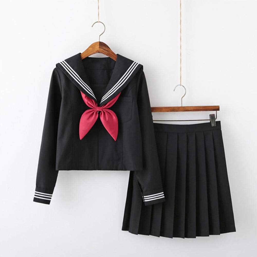 Aculldo Sailor Uniform, Black, Short-Sleeved & Long-Sleeved, Long Skirt, 3-Piece Set, Goldfish Knot, White Three-Strand Knot, Kansai Collar, Front Ope