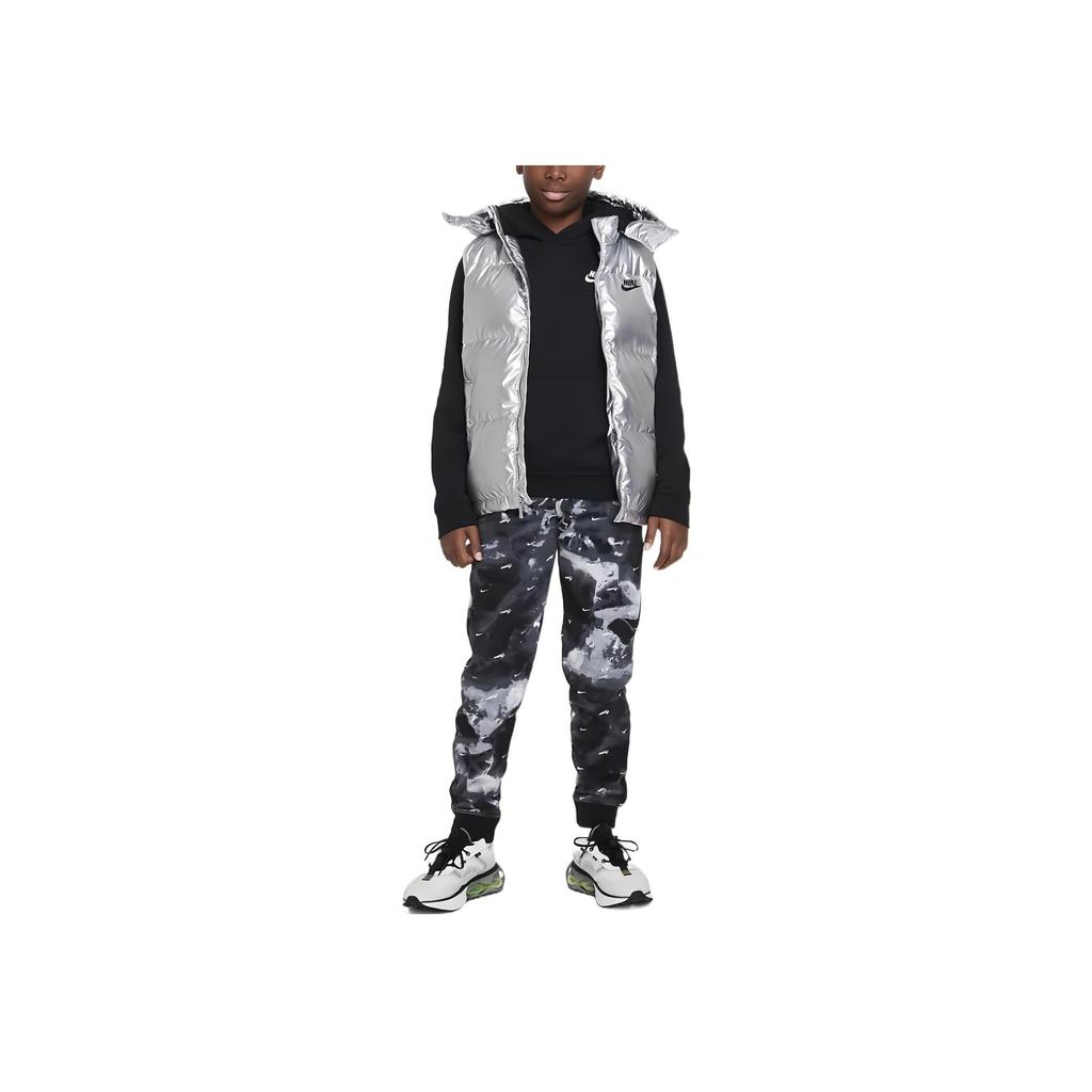 Nike Solid Color Logo Print Hooded Velcro Zipper Down Vest Kids Vests Silver DZ9728-048