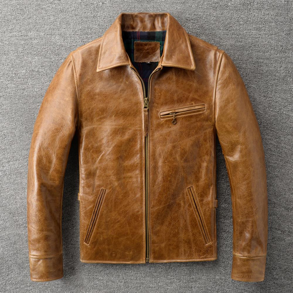 Classic 1930s Color Changes Oil Waxed Brown Natural Cow Leather Jacket Men Real Cowhide Coat Male Clothes Autumn