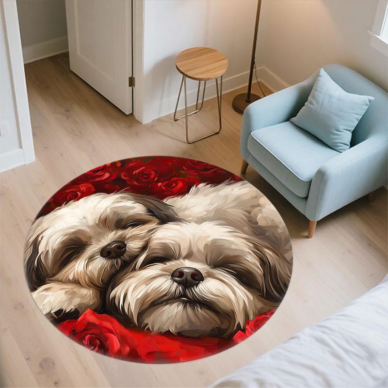 Shih Tzu & Flowers Pattern Round rug,Carpet Rug for Living Room Bedroom Playroom ,Non-slip Floor Mat,Holiday Gifts and Birthday Gifts.