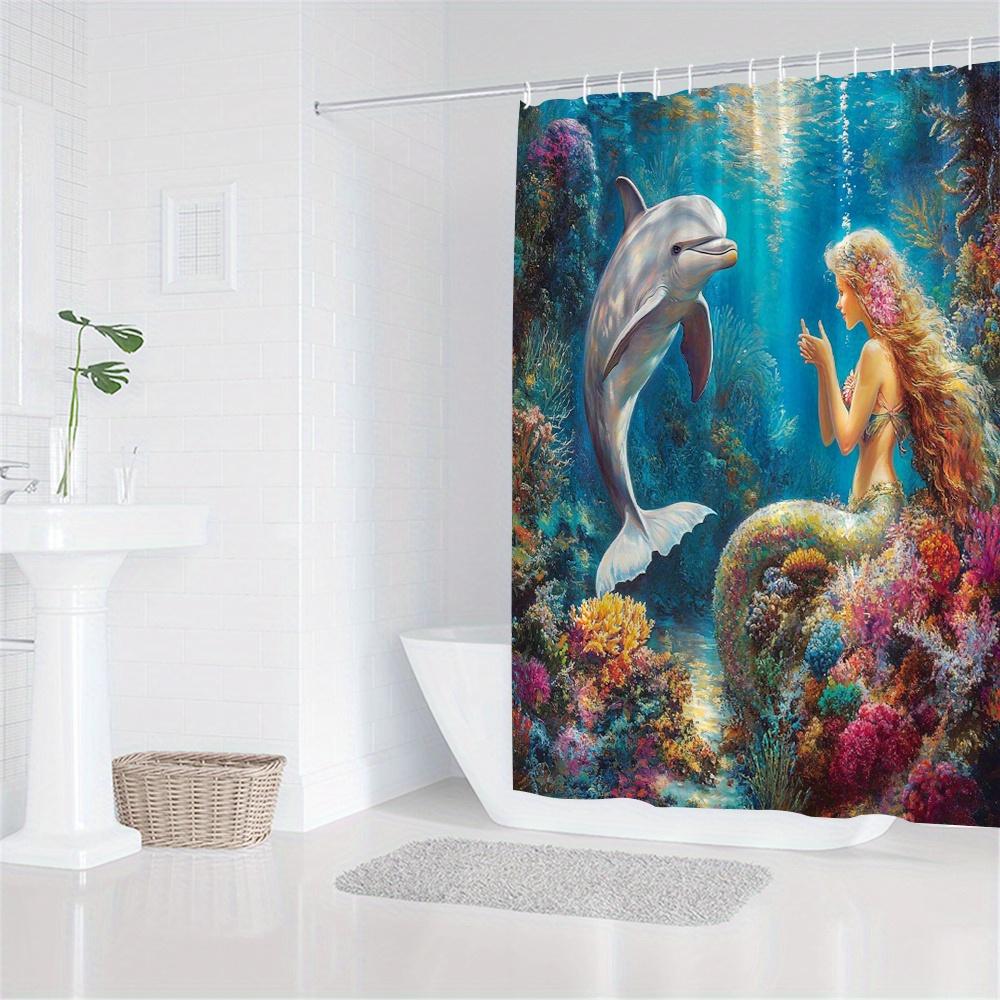 Rideau de douche Sirène & Dauphin - Récif Corallien Vibrant, Scène Océanique Éthérée, Sirène Élégante & Dauphin Joueur,