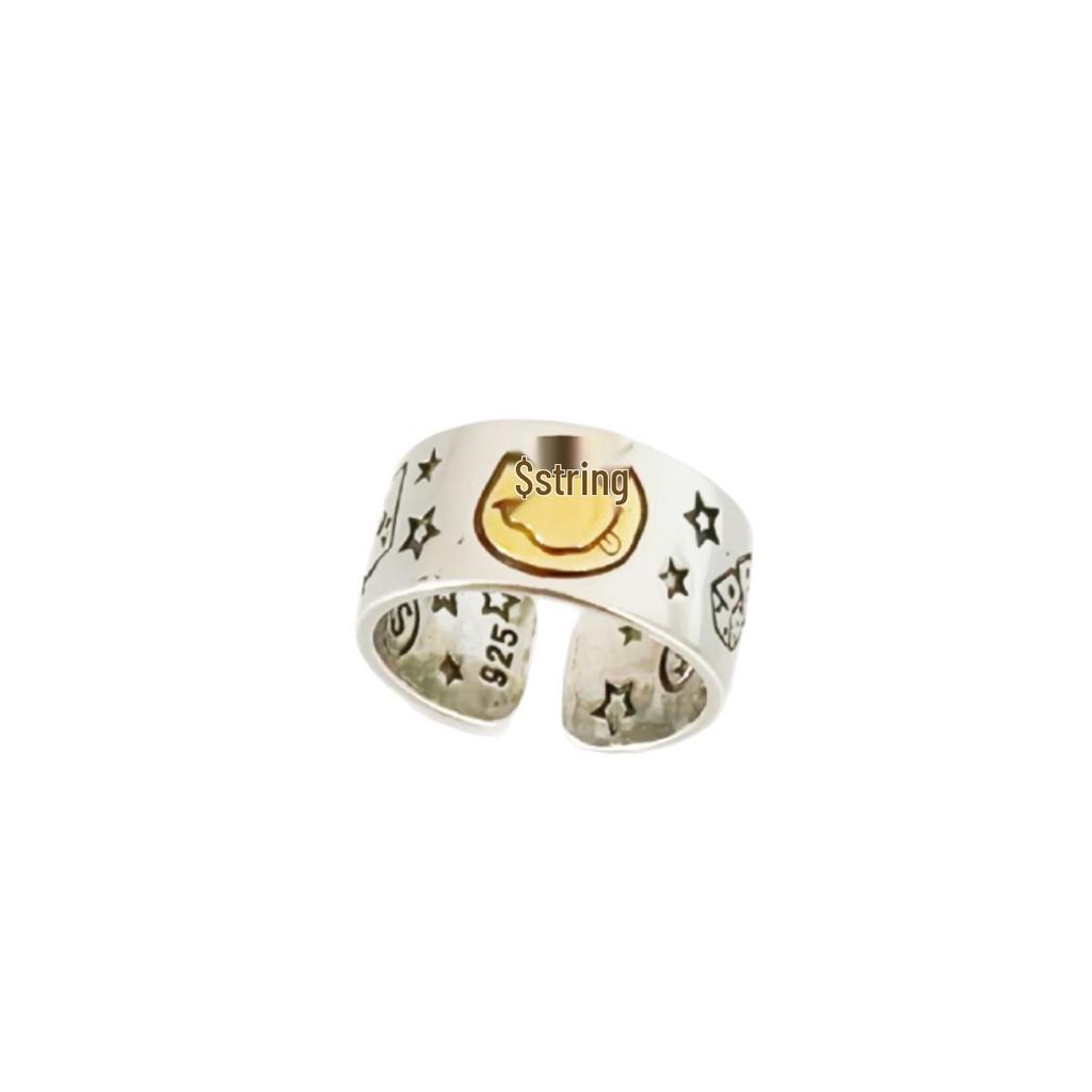Korean Style Smiling Face Ring with Star Playing Card Design - Open Adjustable